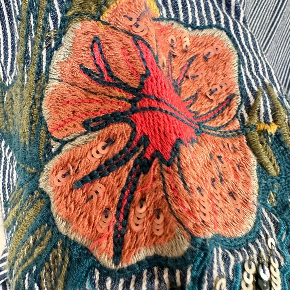 Zara Floral Embroidered Denim Striped Balloon Puff Sleeve Top SMALL - Picture 10 of 12